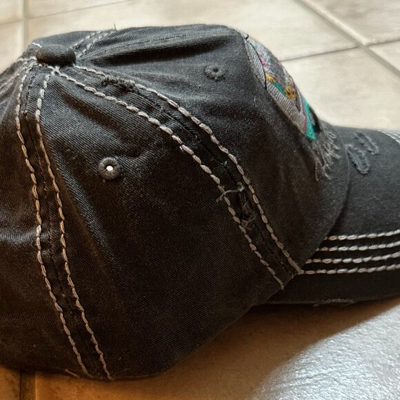 Kbethos Womens Distressed Black Happy Camper Baseball Cap - Picture 2 of 3